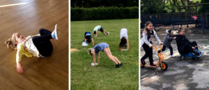 Montage of three photos. The left photo is a young girl stretching by lying on the floor with her knees pulled up to her chest. The middle photo is a group of 4 children on a grass field walking in a circle on their hands and feet. The right photo is two girls riding scooters across a tarmac school playground.