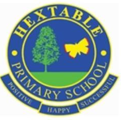 Blue circle with Hextable Primary School written in yellow. Inside the circle is a green tree and yellow butterfly. Three words are written in yellow on a blue background underneath the circle - positive, happy, successful.