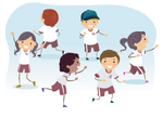 Six cartoon children running around in PE clothes.